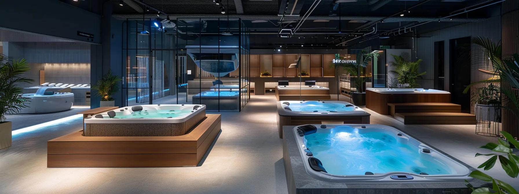 7 Different Types of Hot Tubs Explained for Buyers 1 a sleek, modern indoor showroom displays a variety of different types of hot tubs, each uniquely designed with elegant finishes and ambient lighting, showcasing the distinct features of different types for an immersive experience.