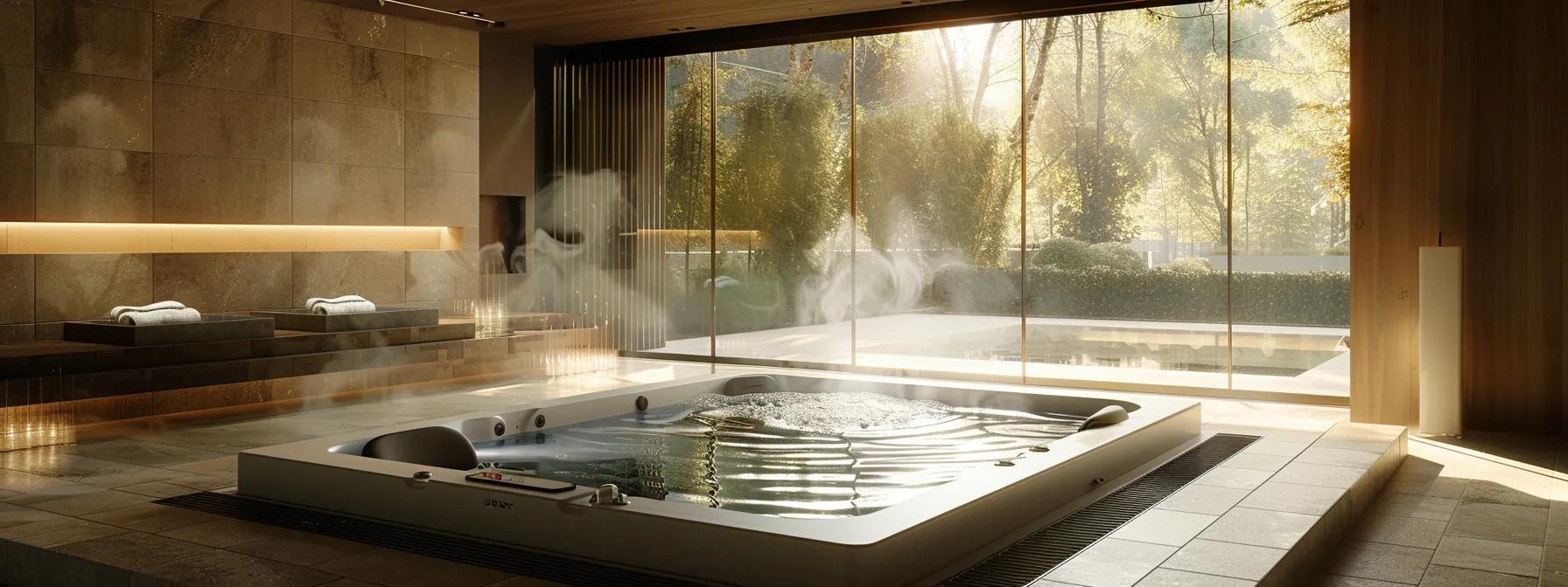 a sleek, modern indoor spa setting features a luxurious hot tub, with steam rising gently in the warm atmosphere, inviting contemplation on the intersection of relaxation and fertility awareness.