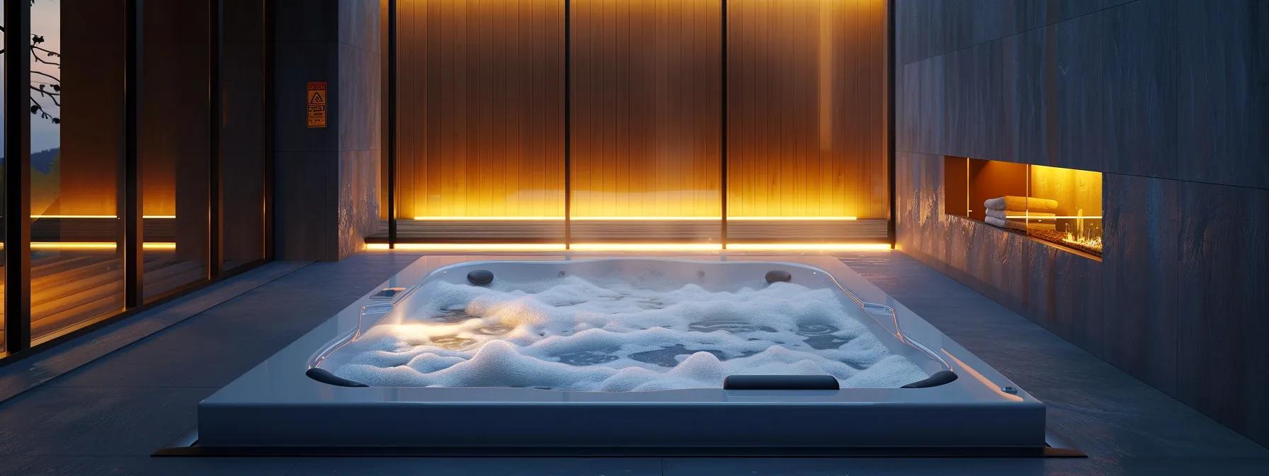 a stark, modern bathroom features a sleek, glistening hot tub filled with bubbling water, illuminated by soft, ambient lighting, as a cautionary sign about fertility risks is subtly integrated into the scene, emphasizing the theme of safety and awareness regarding hot tub usage.