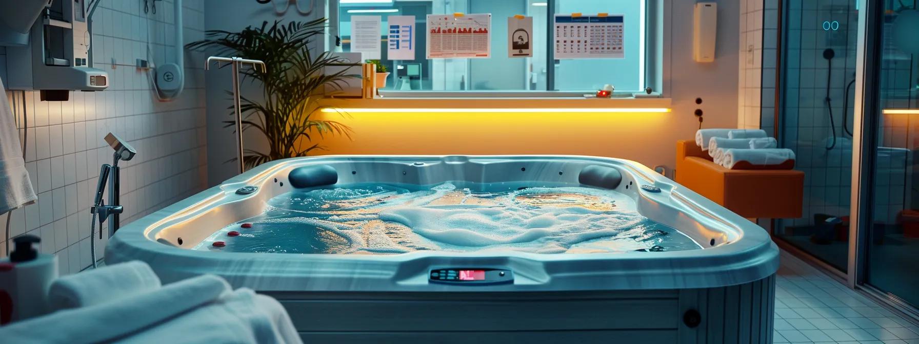 an evocative medical office setting features a sleek hot tub surrounded by clinical charts and monitoring devices, illustrating the stark contrast between relaxation and the potential physiological impacts of heat exposure on human health, particularly during pregnancy.