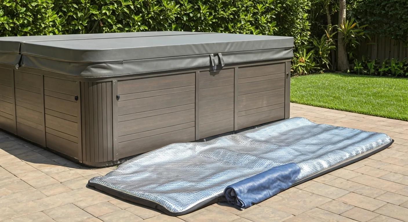 UV protection accessories for hot tub covers, including a cover cap and thermal blanket, displayed in a sunny outdoor environment
