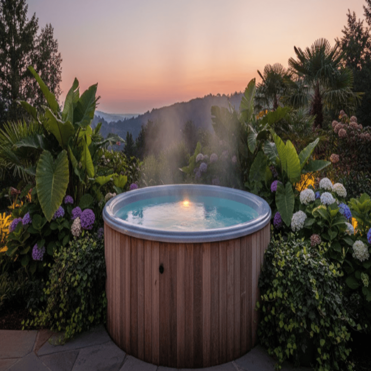 A wooden hot tub surrounded by lush greenery, illustrating the hot tub benefits for health and happiness.