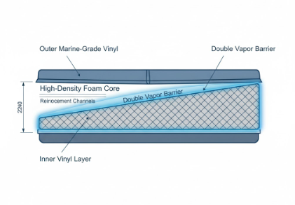 Cross-section diagram showing hot tub cover construction layers including vinyl, vapor barrier, and foam core