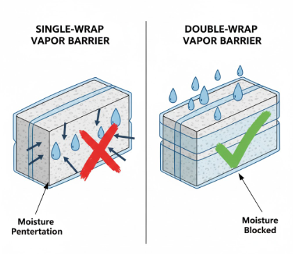 Diagram comparing single-wrap and double-wrap vapor barrier protection against moisture