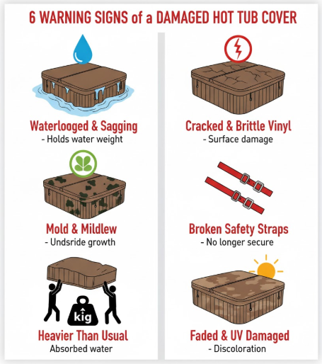 Infographic displaying six warning signs indicating hot tub cover needs replacement
