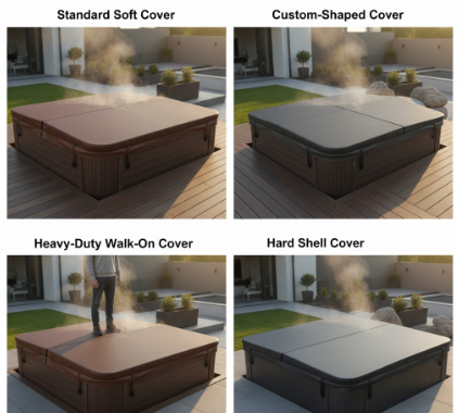 Comparison of four hot tub cover types including standard, custom, walk-on, and hard shell