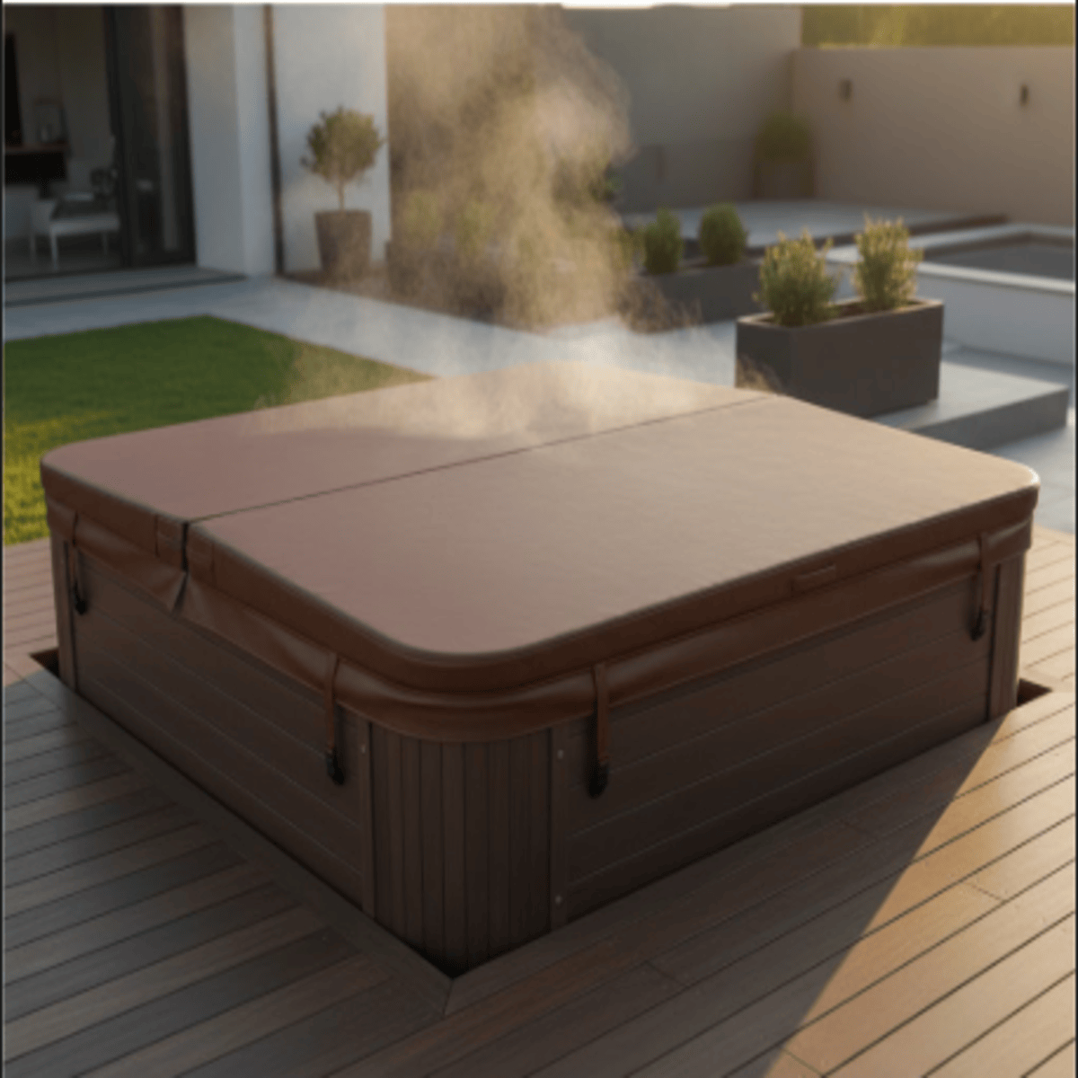 High-quality replacement hot tub cover perfectly fitted on outdoor spa with steam rising