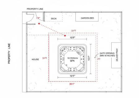 Diagram of a backyard layout showing a 10 person hot tub, with measurements indicating space requirements, property lines, and surrounding features like a deck and garden bed.