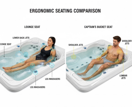 Ergonomic seating comparison showcasing lounge seat and captain's bucket seat in a hot tub, highlighting jet locations for lower back, shoulders, and legs.