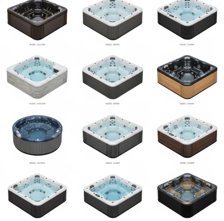 Various models of 10 person hot tubs showcasing different designs and colors, highlighting features for energy efficiency and comfort, relevant to the guide on selecting the best hot tubs.