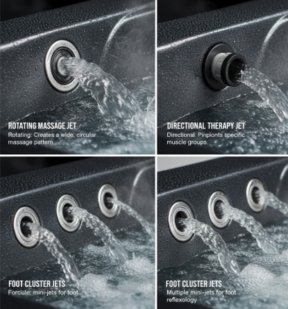 Rotating massage jet, directional therapy jet, and foot cluster jets in a hot tub, showcasing various jet types for targeted hydrotherapy and relaxation.