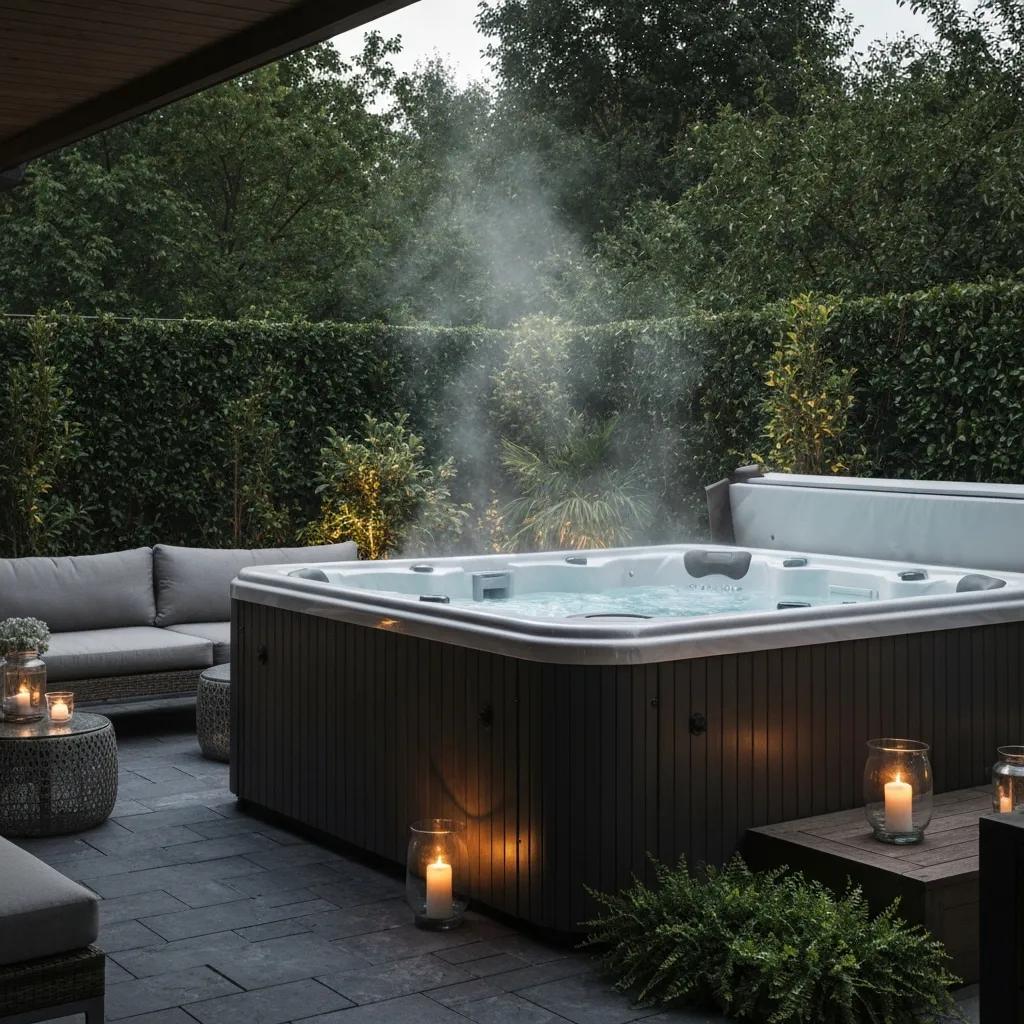 Luxurious hot tub in a serene outdoor setting, promoting relaxation and tranquility