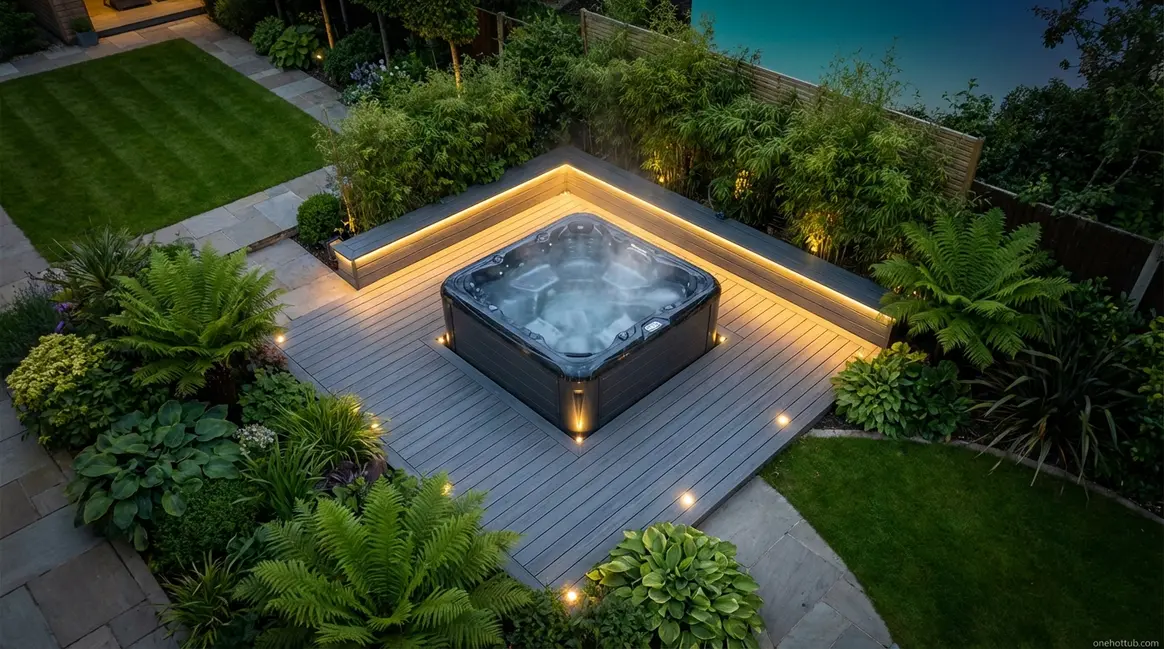 Best garden hot tub installed on composite deck with landscaping and warm evening lighting