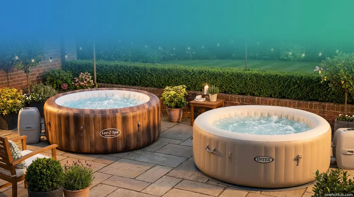 Best inflatable hot tub UK comparison featuring Lay-Z-Spa and Intex models on patio