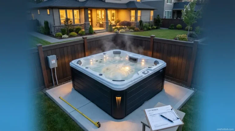 Hot tub installation cost guide showing a concrete pad electrical hookup and backyard setup in 2026