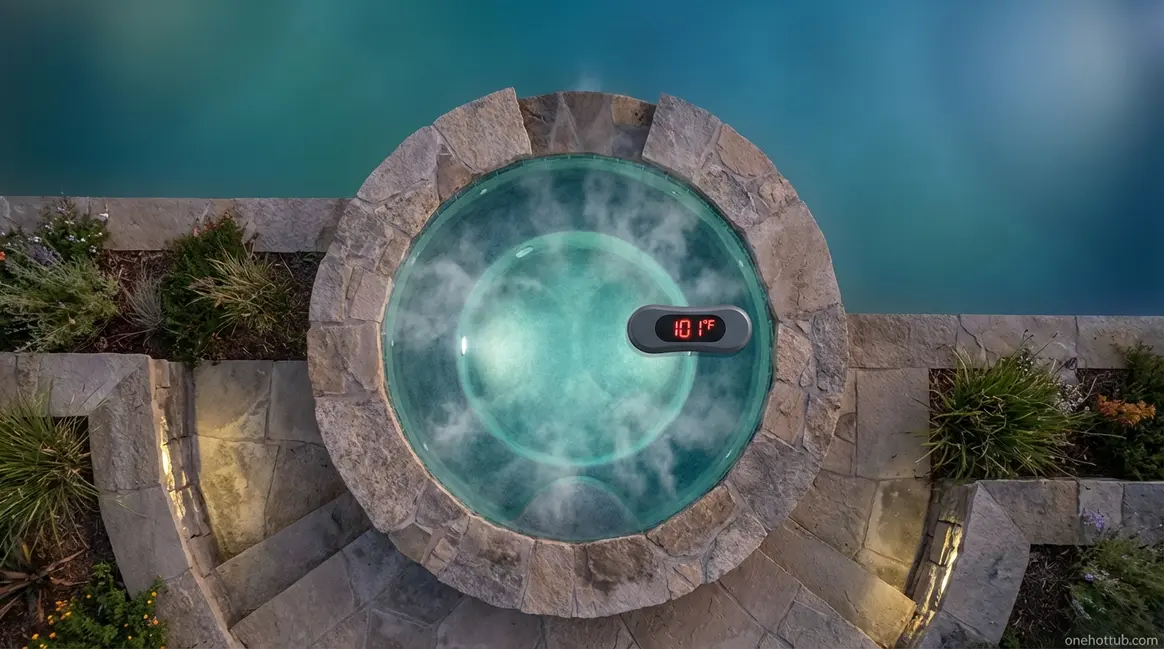 Ideal hot tub temperature shown on floating thermometer reading 101°F in steaming outdoor spa