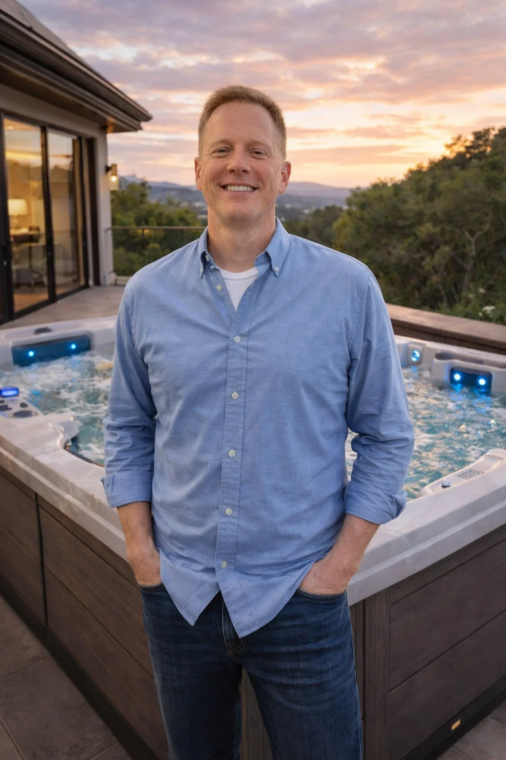 Dave King standing beside a hot tub