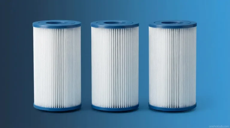 Clean hot tub filters UK replacement cartridges arranged professionally on blue background