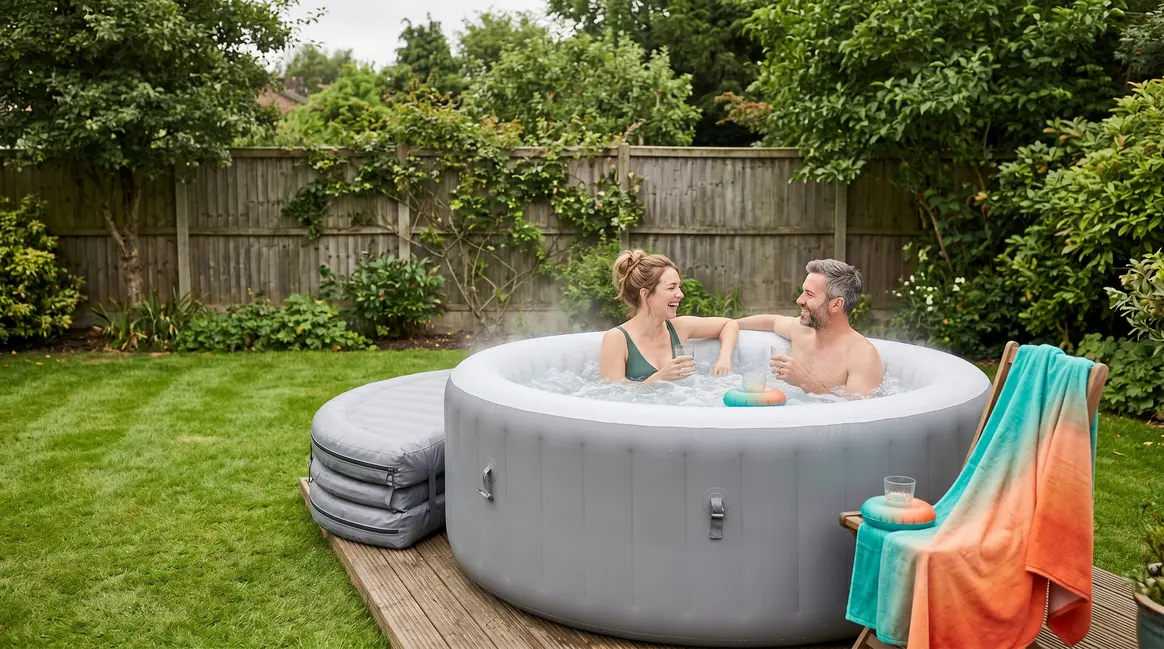 Best blow up hot tub UK — couple relaxing in inflatable spa in British garden