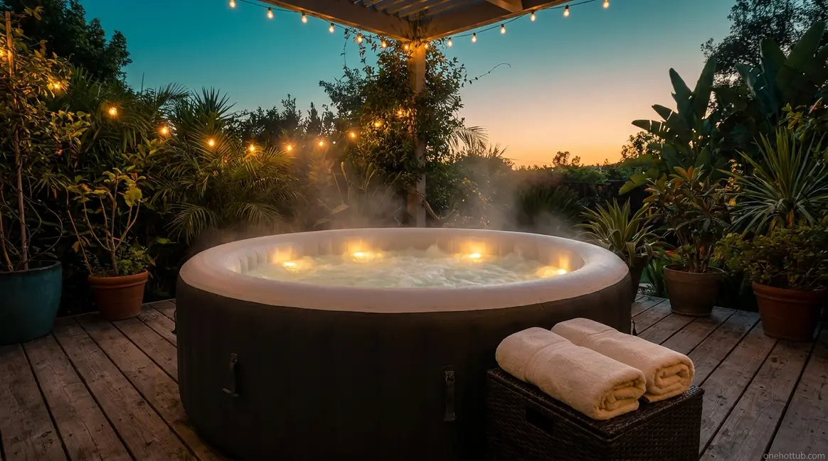 Best hot tub for Airbnb rental glowing on a wooden deck at dusk with string lights
