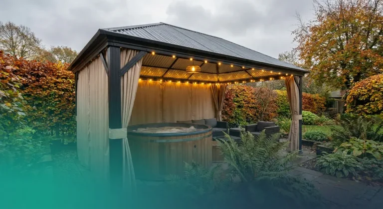 Home 2 Best hot tub gazebo UK hardtop aluminium structure over spa in British garden