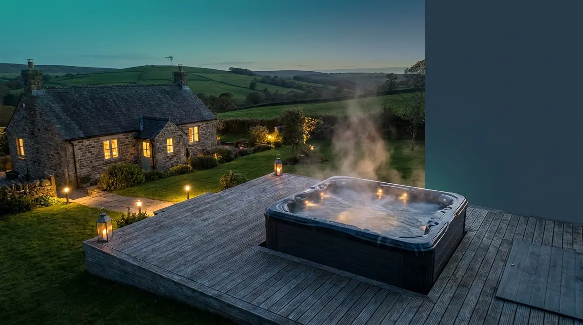 Best hot tub for holiday let UK installed on timber deck outside stone cottage at dusk