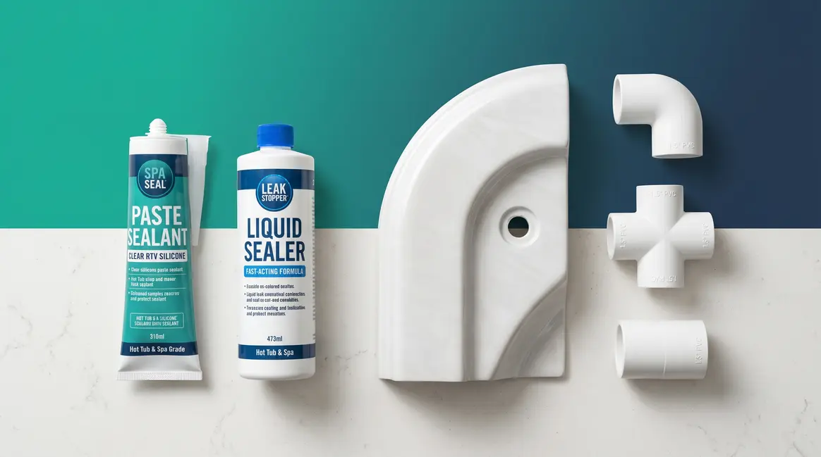 Best hot tub sealant products — paste and liquid types displayed beside spa components