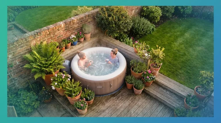Home 1 Best hot tub for small space UK — compact inflatable installed on a garden patio with two adults relaxing