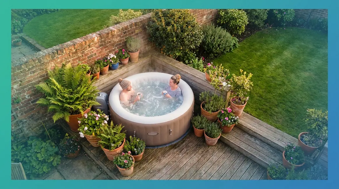 Best hot tub for small space UK — compact inflatable installed on a garden patio with two adults relaxing
