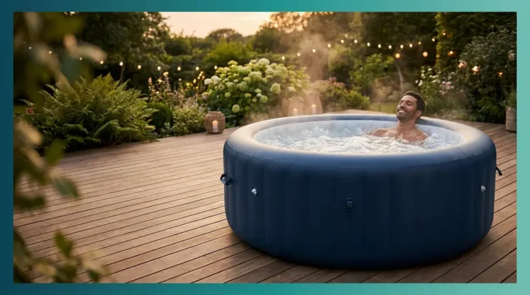 Tall adult fully submerged in best hot tub for tall people on backyard deck