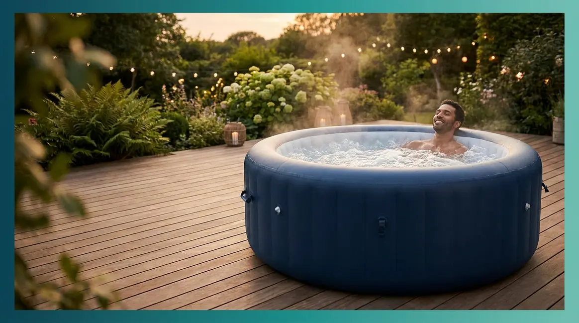 Tall adult fully submerged in best hot tub for tall people on backyard deck