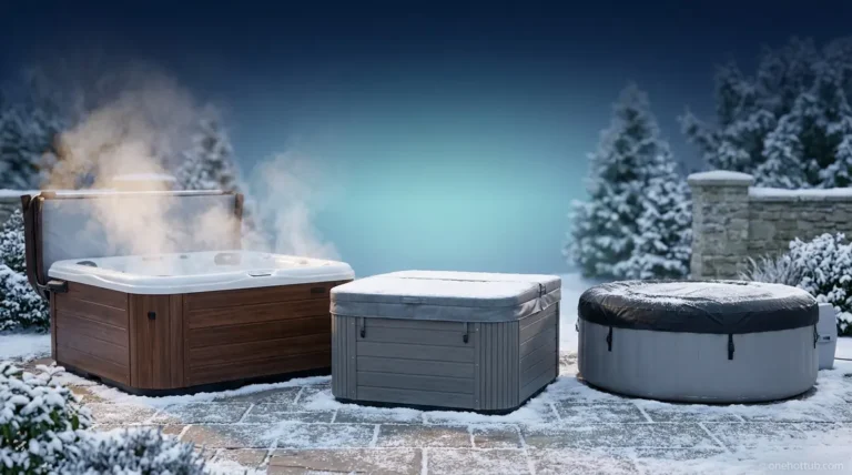 Best hot tubs for winter UK — three models compared in a snowy garden setting