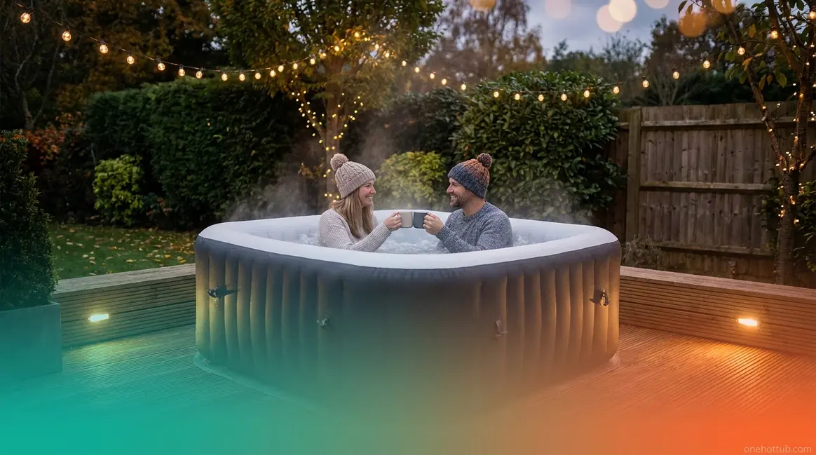 Best inflatable hot tub UK setup in a British garden on a cool autumn evening