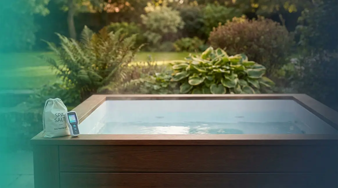 Best saltwater hot tub UK setup with digital tester and spa salt on tub edge in garden