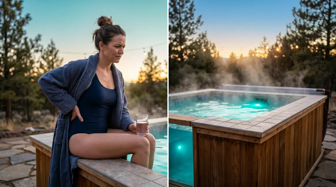 Person experiencing body ache after hot tub use sitting on tub edge holding lower back