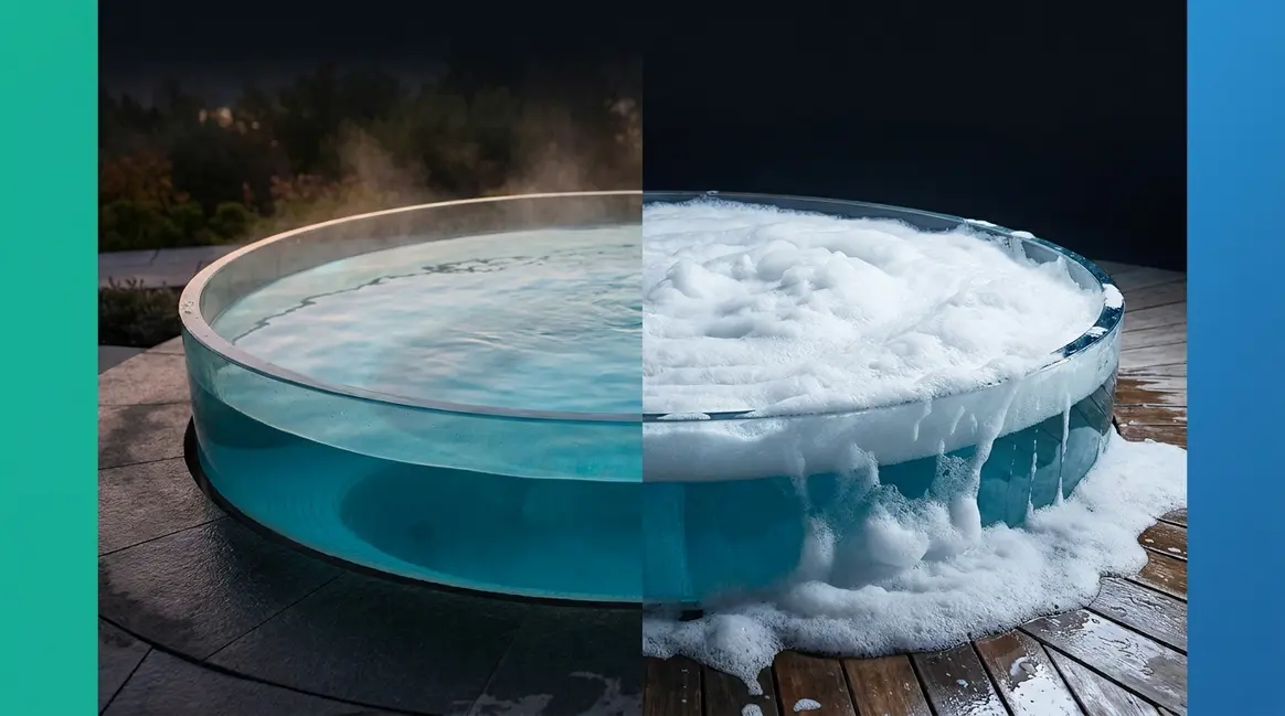 Hot tub overflowing with foam after bubble bath was added to the water