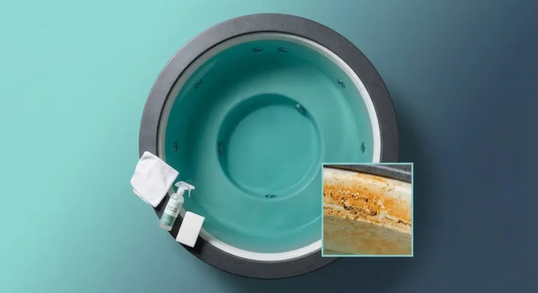 Home 1 How to clean fake tan from a hot tub — before and after showing orange scum ring and clear teal water