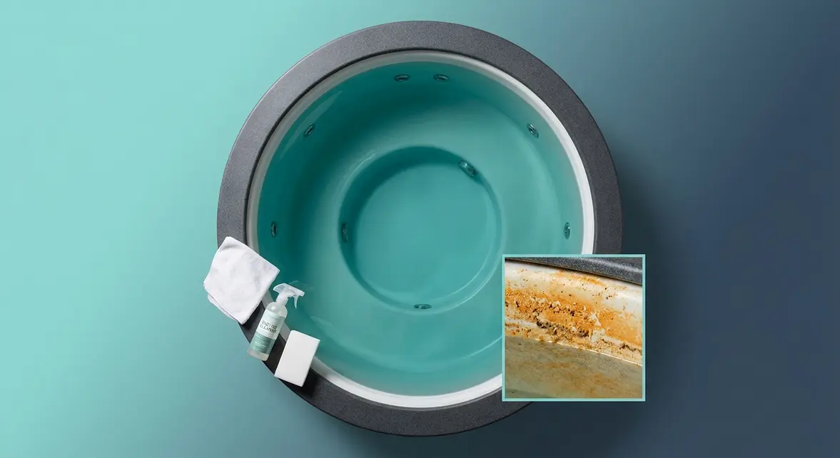 How to clean fake tan from a hot tub — before and after showing orange scum ring and clear teal water