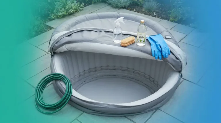 How to clean mold from inflatable hot tub using vinegar and soft brush outdoors