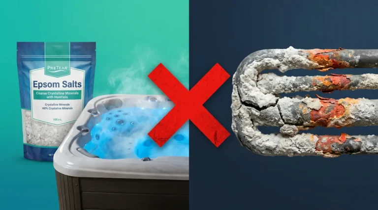 Home 2 Epsom salts next to a hot tub with a damaged scale-encrusted heater element showing why Epsom salts are unsafe