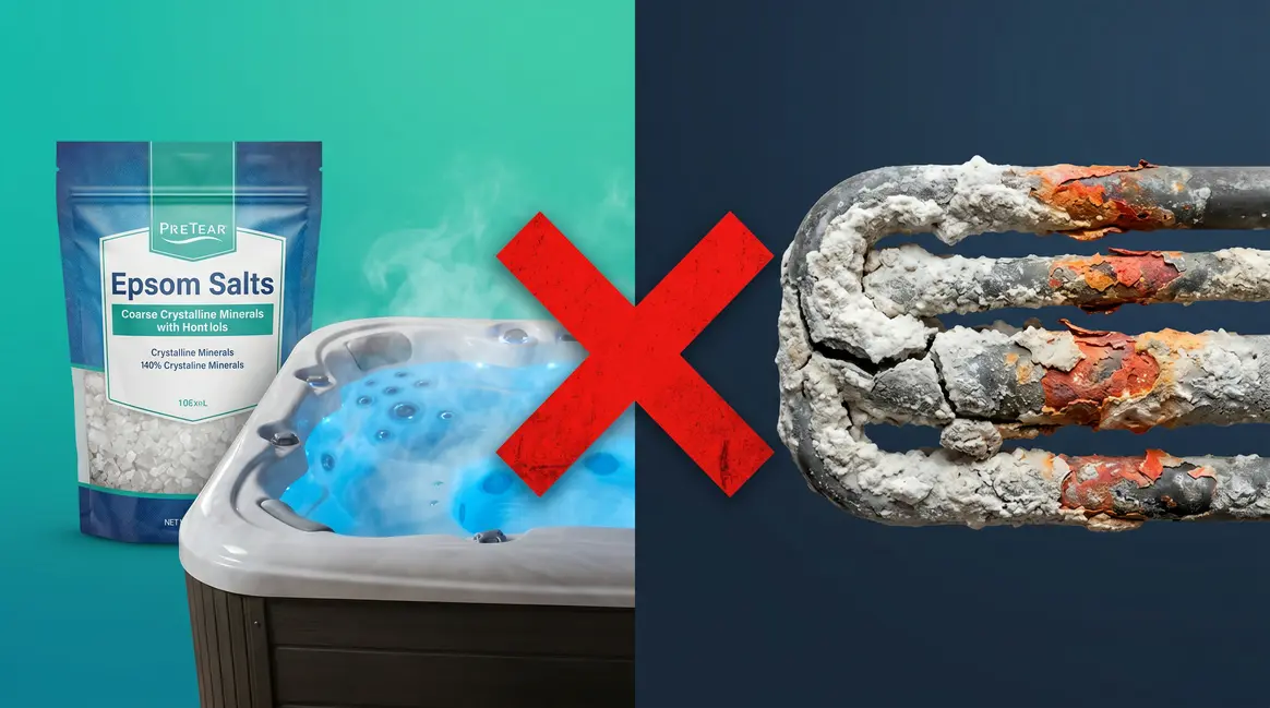 Epsom salts next to a hot tub with a damaged scale-encrusted heater element showing why Epsom salts are unsafe