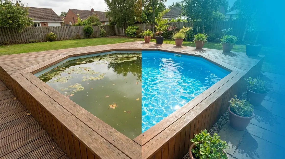 Green hot tub water compared to crystal clear water after algae and metal fix treatment