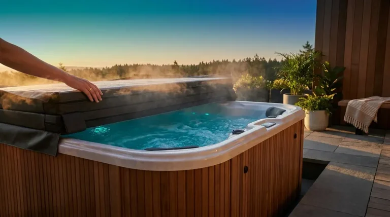 Home 3 How to heat a hot tub faster — steaming outdoor hot tub with cover being closed to retain heat