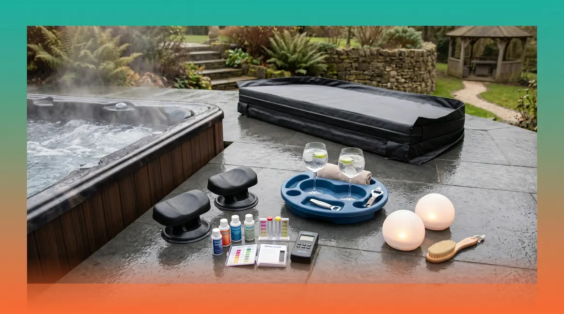 Best hot tub accessories UK — essential kit including chemicals, headrests, LED lights, and thermal cover