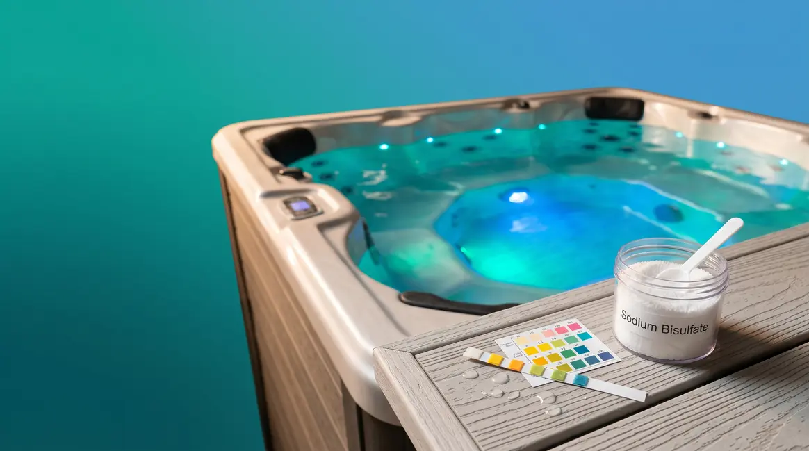 How to lower alkalinity in a hot tub using test strips and sodium bisulfate pH Down
