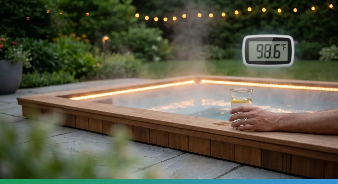 Person safely using hot tub on blood thinners with thermometer showing safe temperature below 100 degrees
