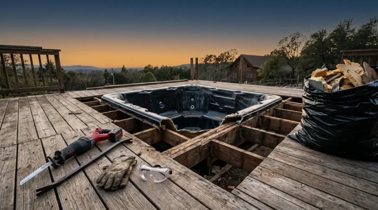 Home 1 How to remove a hot tub from a deck showing empty shell and demolition tools on weathered wood