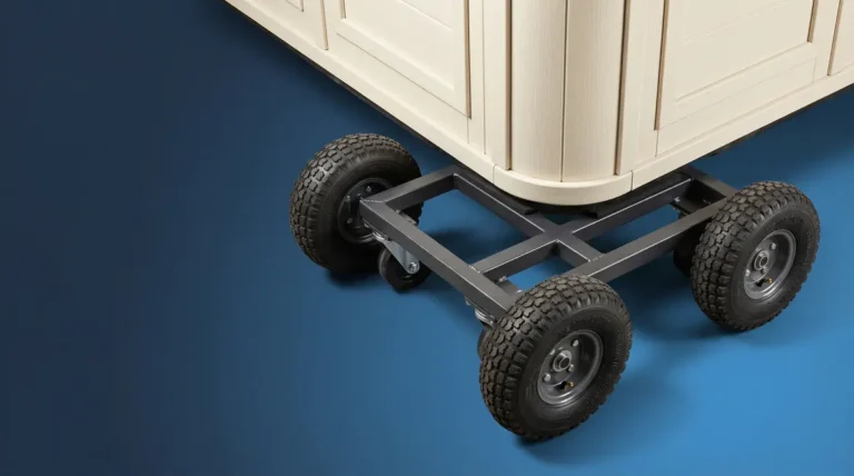 Home 2 Hot tub dolly buying guide — four-wheel heavy-duty spa dolly with pneumatic tires on gradient background
