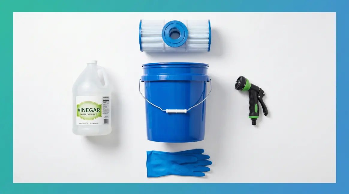 How to clean hot tub filter with vinegar — supplies including vinegar jug, bucket, hose nozzle, and filter cartridge