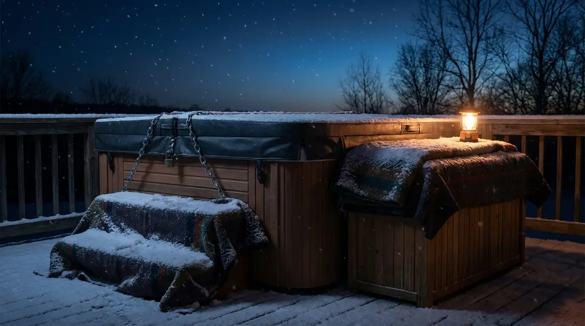 How to keep hot tub from freezing during power outage — locked cover in winter storm